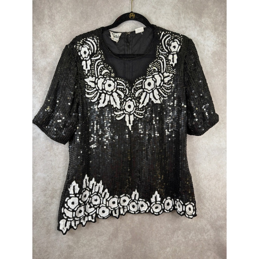 VTG 90s Sarin‎ New York Evening Top Womens M Black Silk Sequin Beaded Floral